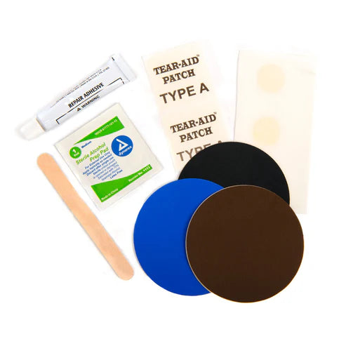 Permanent reparationssats för Therm-a-Rest liggunderlag med lim, tyglappar och prep pads