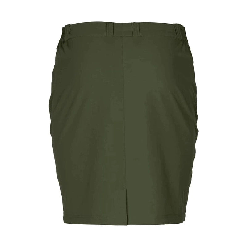 Baksida av mörkgrönt skort med slits och sömmar