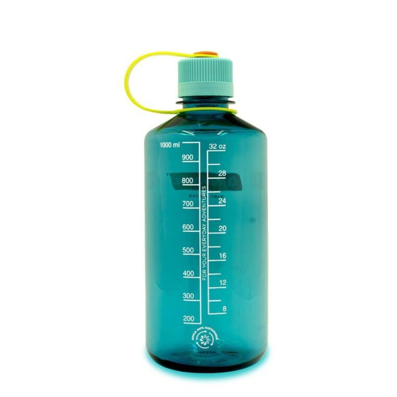 Nalgene 1L vattenflaska teal-blå med detaljerad volymskala och text