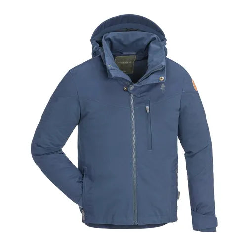 Mörkblå hybridjacka med orange logotyp och bröstficka