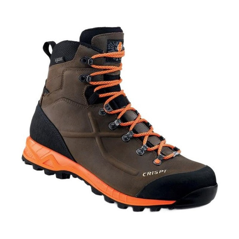 Profilvy av enskild Crispi Valdres GTX känga med svart tåskydd och orange sulor