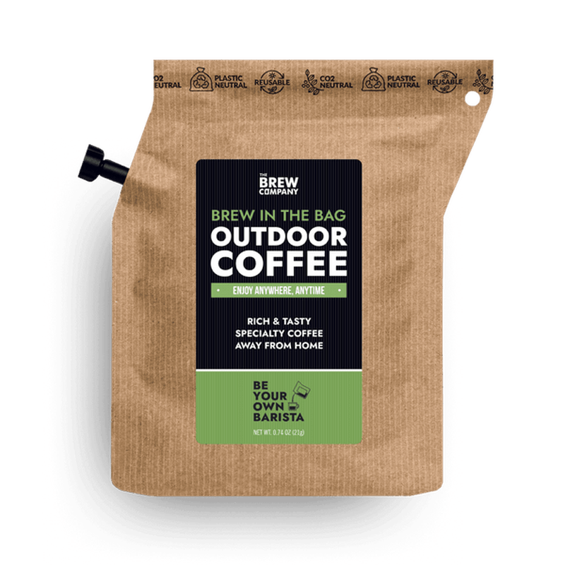 Brew in the Bag utomhuskaffebryggare med mörkblå och grön etikett