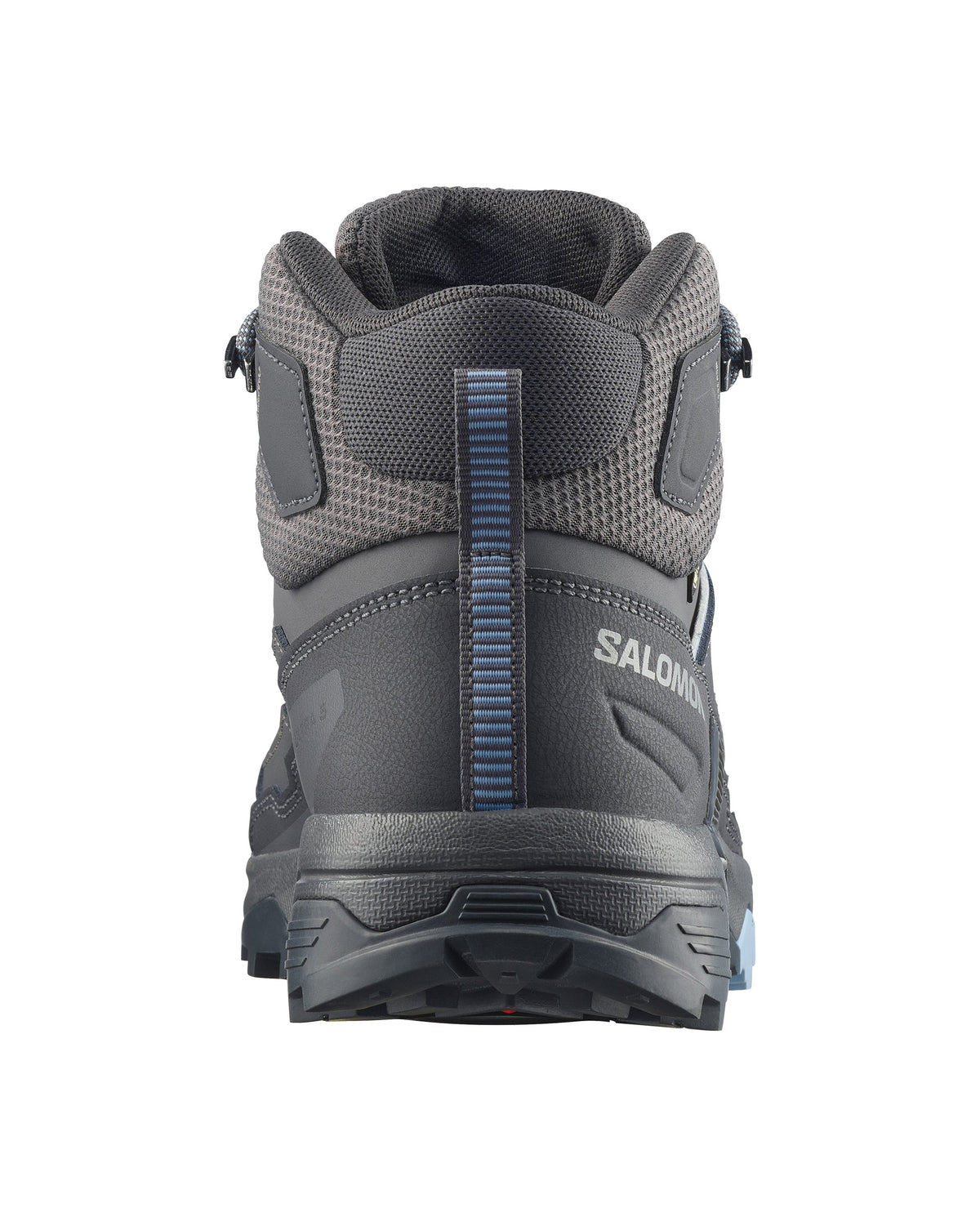 Bakvy av Salomon X Ultra 5 Mid vandringskänga grå med blått häldragrem