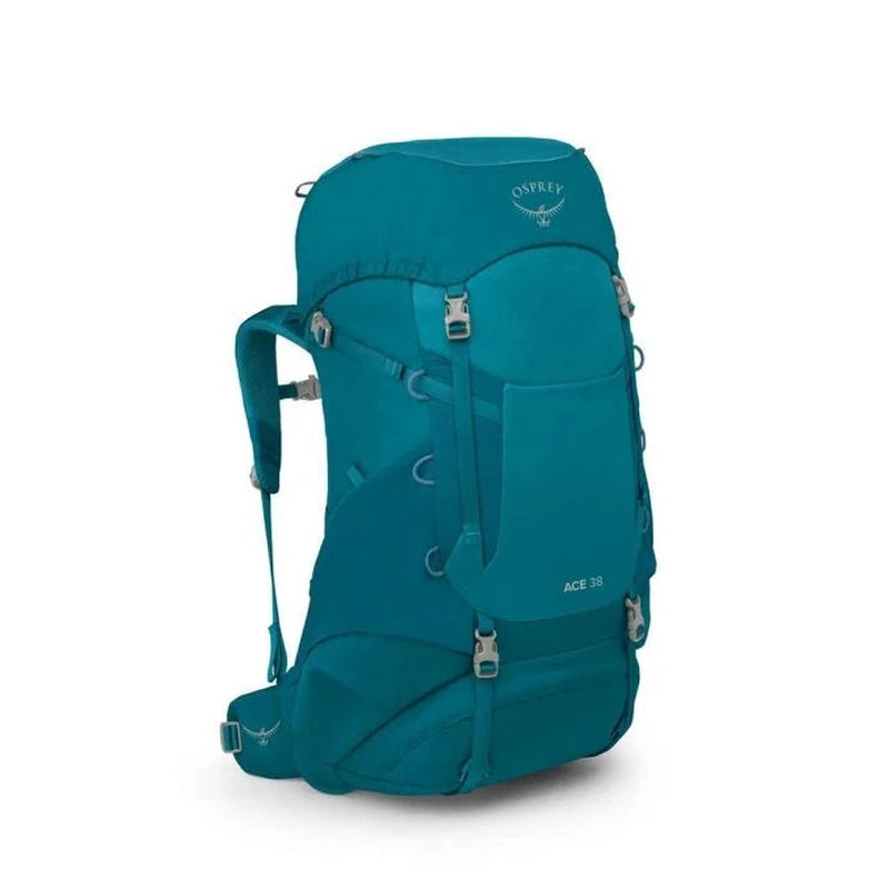 Teal Osprey Ace 38 vandringsryggsäck i trekvartsvinkel med ljusblå remmar