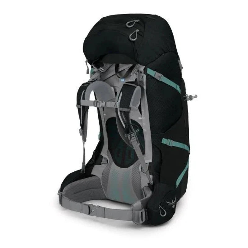 Svart Osprey Ariel Plus 85 damryggsäck med mesh-ventilerat baksystem och avtagbar DayLid-dagsryggsäck