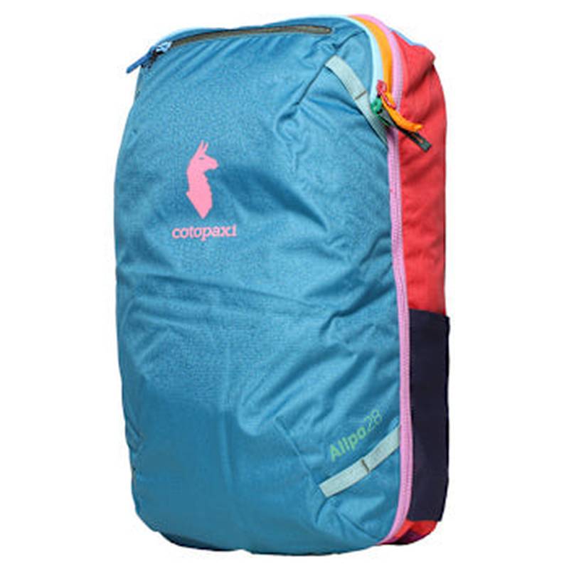 Cotopaxi Allpa Del Día 28L reseryggsäck i blått med rosa llama-logotyp och ljusrosa dragkedja
