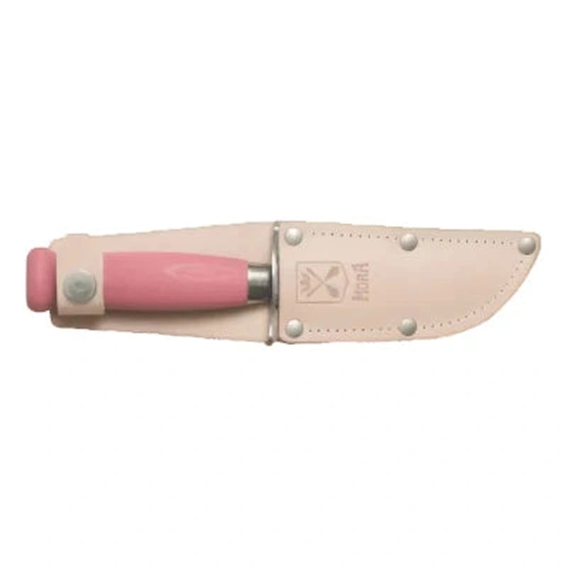 Rosa Morakniv Scout 39 insatt i beige läderfodral med rem och silvernit