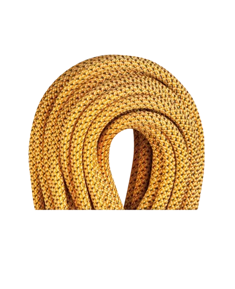 Närbild på gul-orange Edelrid Tower klätterrep med texturerad mantel