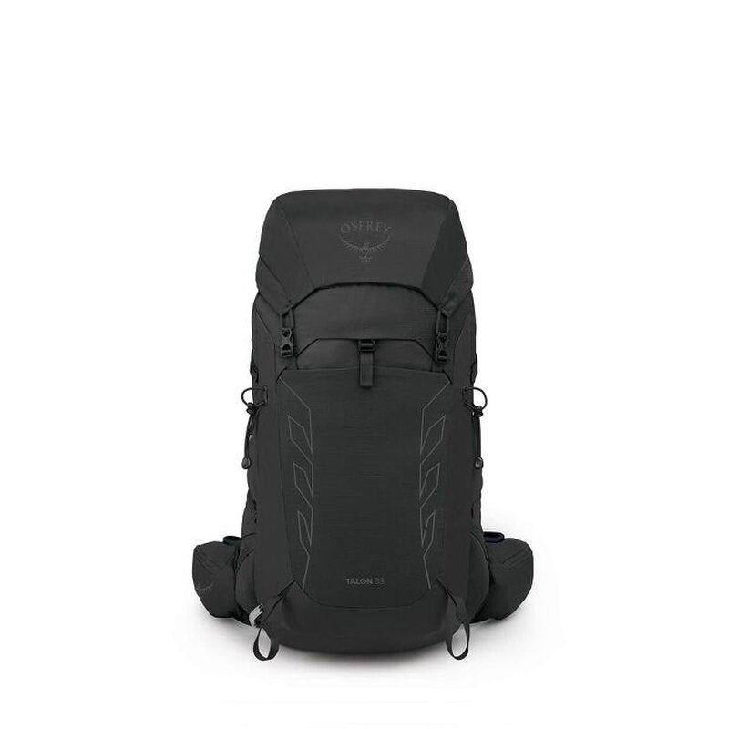 Frontvy av svart Osprey Talon 33 ryggsäck med detaljer