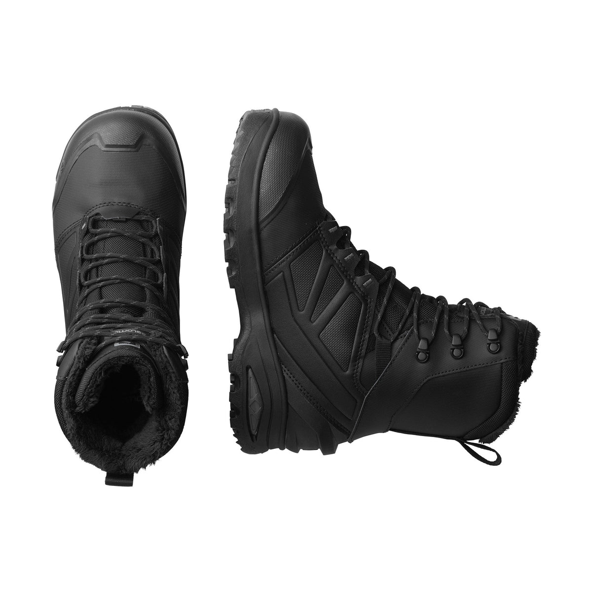 Översikt över svarta Salomon Toundra Pro vinterkängor med inre foder och sidoprofil mot vit bakgrund