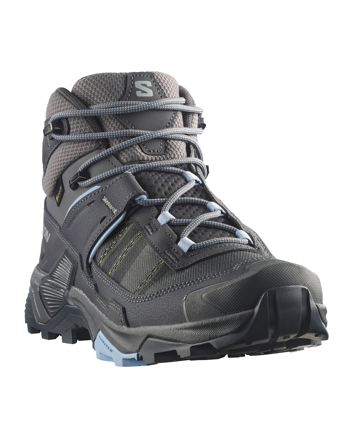 Salomon X Ultra 5 Mid vandringskänga grå med ljusblå detaljer och S-logo