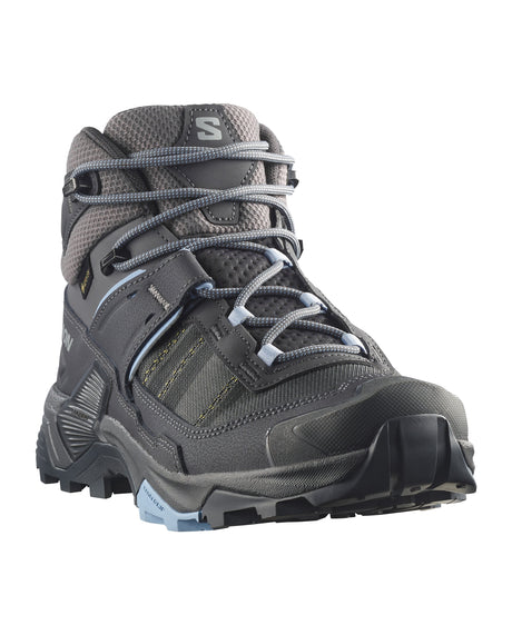 Salomon X Ultra 5 Mid vandringskänga grå med ljusblå detaljer och S-logo