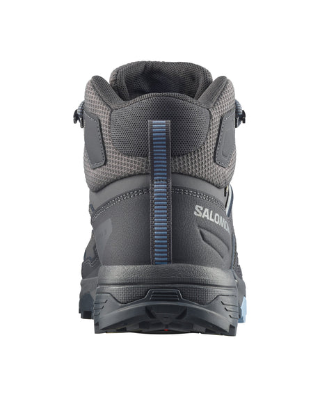Bakvy av Salomon X Ultra 5 Mid vandringskänga grå med blått häldragrem