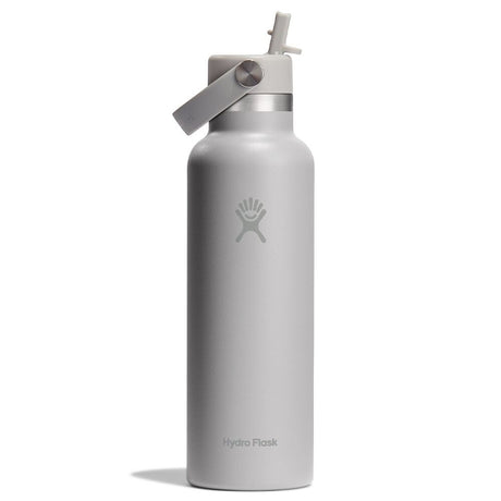 Ljusgrå Hydro Flask vattenflaska med Flex Straw-locke och tydlig logotyp