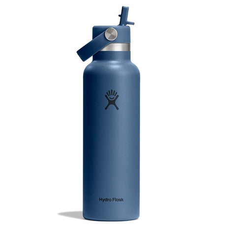 Mörkblå isolerad Hydro Flask vattenflaska med Flex Straw-locke och silverdetaljer
